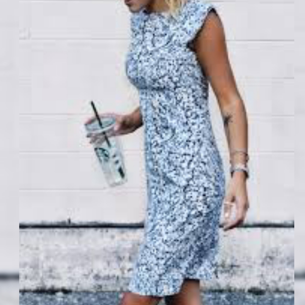 MM LAFLEUR Blue/Gray/Cream Capped Sleeve Midi Dress, size 8